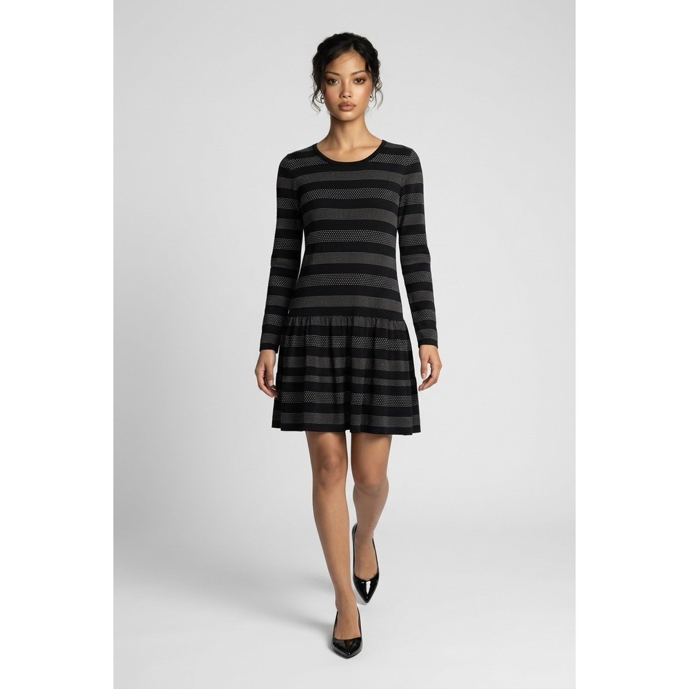 Michael Kors Womens Black White Dotted Stripe Drop Waist Long Sleeve Dress L‎